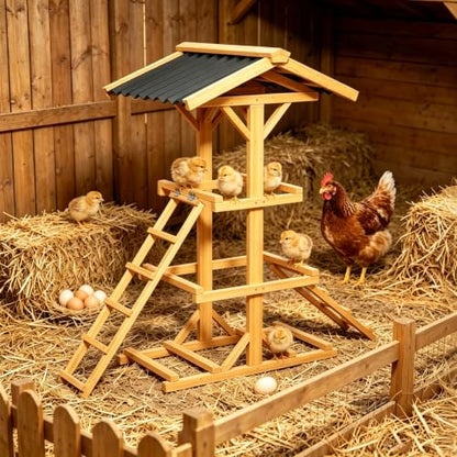 Multi-Level Wooden Chicken Roost Perch with Dual Ladders, Outdoor Activity Stand with Waterproof Sunproof Roof, Backyard Coop Accessory for Chickens