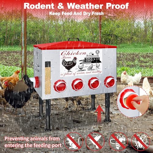 100Lb Automatic Chicken Feeder with Window 8 Port No Waste Rust-Proof Galvanized Steel with Locking Lid & Adjustable Height Legs Waterproof Portable Poultry Feeder for Chickens,Ducks,Geese - size: 100LB