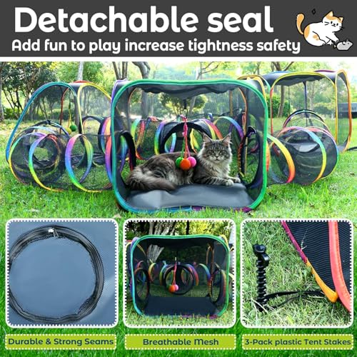 CypherX Outdoor Rainbow Cat Enclosure, 7-in-1 Portable Pop Up Cat Tents and Tunnels for Outside, Outdoor Catio Mesh Pet Playpen House, Large Playground for Large Cats and Other Animals - size: 7 in 1 Kingdom(18"W)