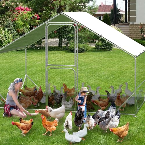 GarveeHome Large Walk in Chicken Coop, 6.6 x 9.8 x 6.6 FT Metal Poultry Cage with Double Doors, Chicken Runs for Yard with Cover for Outdoor Farm Yard - size: 9.8' W x 6.5' L x 6.5' H
