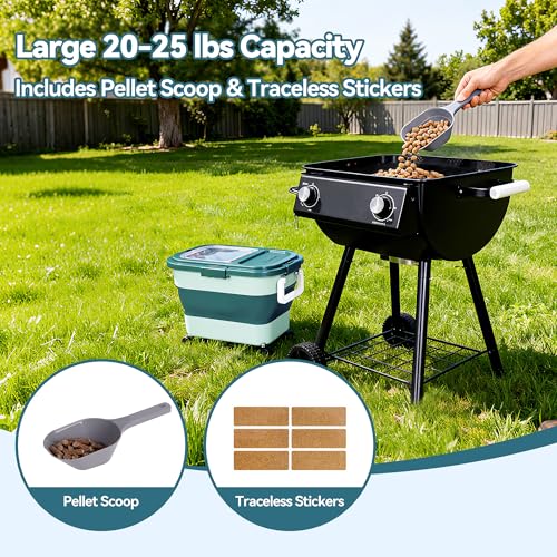 Wood Pellet Storage Container 20-25lbs, Airtight Bin with Locking Lid & Clear Window, Collapsible Pellet Bucket with Wheels, Scoop & Labels, Dark Green - color: Green-M