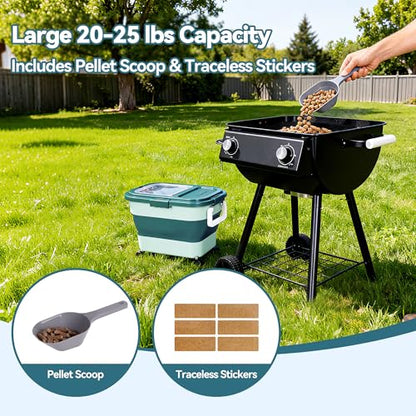 Wood Pellet Storage Container 20-25lbs, Airtight Bin with Locking Lid & Clear Window, Collapsible Pellet Bucket with Wheels, Scoop & Labels, Dark Green - color: Green-M