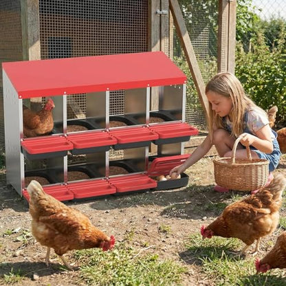 Heavy Duty Galvanized Steel Chicken Nesting Box – 8 Holes, Roll Away Egg Laying, Protective Lid, Wall Mounted or Freestanding, Easy Clean, Vented Pegboard Side, Red (Pegboard Side Design) - color: Red, size: 8 Room&Mat Board