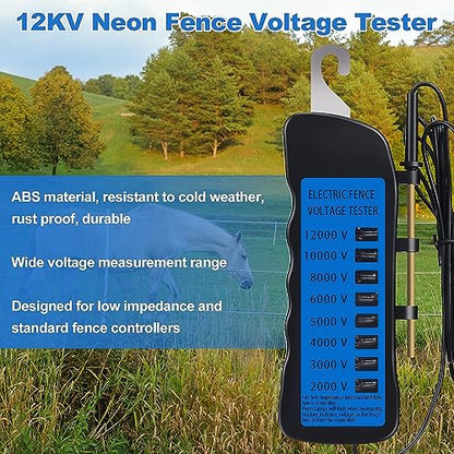 GOTOTOP 12KV Electric Fence Tester Neon Fence Voltage Tester, 2000 to 12000V 8 Neon Indicator Lights Fence Tester for Farms 16.5 x 6 x 2cm