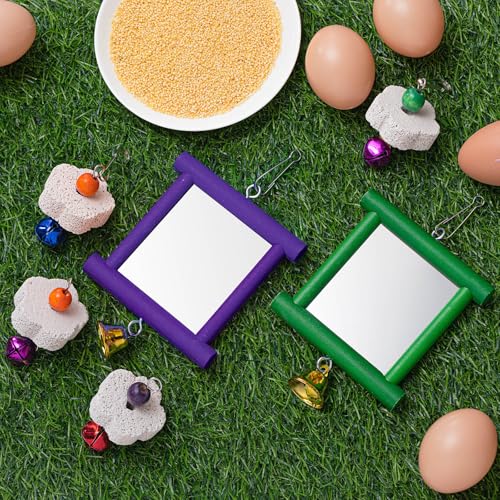 Sumind 2 Pieces Chicken Mirror Toys Hanging Swing Mirror with Bell Wooden Pecking Toy and 4 Pieces Beak Grinding Molar Stones for Hens Birds Parrots(Green,Purple) - color: Green,Purple