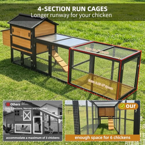Large Chicken Coop with Run Wooden112.6 Portable Poultry Cage with Hardware Cloth Chicken House for 2-6 Chickens with 2 Nesting Boxes 3 Perches Removable Tray - color: BROWN＆BLACK