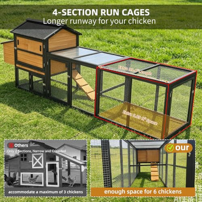 Large Chicken Coop with Run Wooden112.6 Portable Poultry Cage with Hardware Cloth Chicken House for 2-6 Chickens with 2 Nesting Boxes 3 Perches Removable Tray - color: BROWN＆BLACK