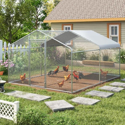 Large Metal Chicken Coop, Walk-in Chicken Run Pen with Waterproof Cover, Spire Roof Poultry Cage Run for Outdoors, Backyard, Farm(9.7'Wx12.99'Lx6.4'H) - size: 13'Lx9.7'W