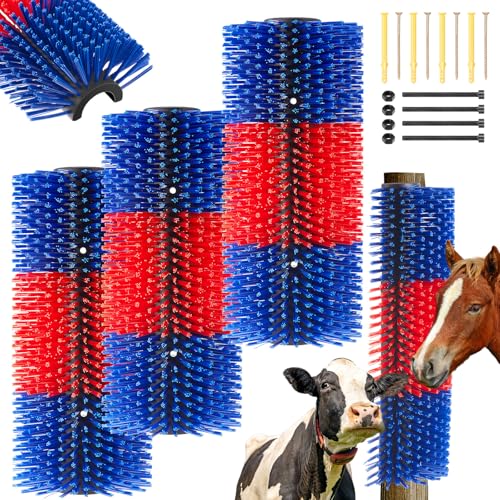 3 Pack Livestock Scratching Brush Itch Relief Horse Scratching Post Self-grooming Goat Scratcher with Durable Screws for Horse Pony Goat Sheep Pig Donkey (Blue and Red) - color: Blue and Red
