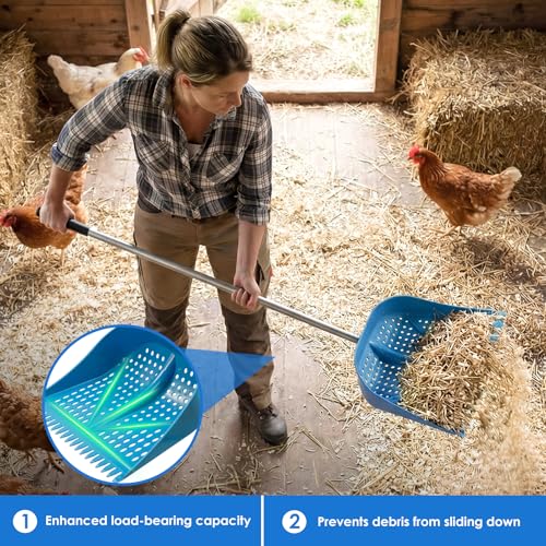 Chicken Poop Scooper & Rake 2-in-1, Adjustable Handle Length from 38" to 66", Features Manure Sifting Capability – Ideal for Chicken Coops and Farm Animal Cleaning (Blue) - color: Blue