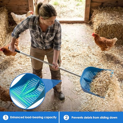 Chicken Poop Scooper & Rake 2-in-1, Adjustable Handle Length from 38" to 66", Features Manure Sifting Capability – Ideal for Chicken Coops and Farm Animal Cleaning (Blue) - color: Blue