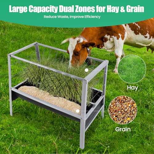 Bacocoo Livestock Feed Trough 2-in-1 for Goats & Sheep - Large Capacity Galvanized Steel Dual-Sided Feeder, Hay & Grain Trough, Black Livestock Feeder for Sheep, Calf, Cow and Horse.