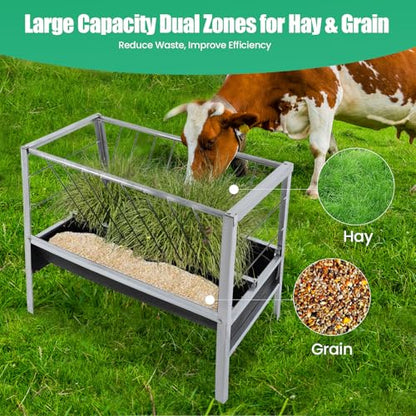 Bacocoo Livestock Feed Trough 2-in-1 for Goats & Sheep - Large Capacity Galvanized Steel Dual-Sided Feeder, Hay & Grain Trough, Black Livestock Feeder for Sheep, Calf, Cow and Horse.
