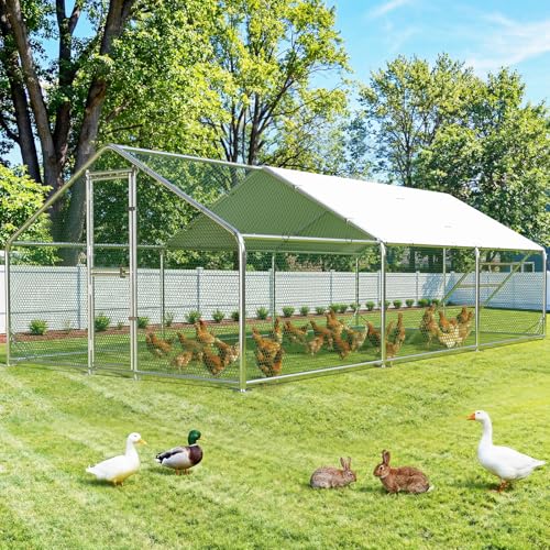 Large Chicken Coop,Metal Chicken Run for Yard, 20x10x6.6FT Walk-in Chicken Pen with Feeding Door, Rabbit Duck House,Outdoor Poultry Cage with Anti-UV Cover - color: Spire Shape, size: 20x10 FT(w roosting ladder)