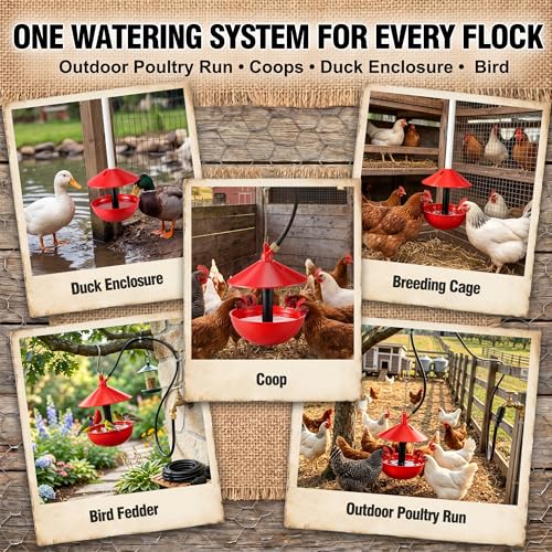 Automatic Poultry Waterer System with 5M Tubing, Hanging Chicken Waterer Bowl with 25 PSI Pressure Regulator, Brass Barb Connector & 3/4" GHT Adapter for Chickens, Ducks, Turkeys and Game Birds