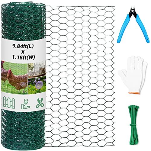 Chicken Wire for Floral Arrangements,13.78 x 118 Inch Lightweight Galvanised Hexagonal floral Chicken Wire Green Florist Wire for Garden Poultry Netting for Garden Protection with Wire Ties and Pliers - color: Green, size: 13.78 x 118 Inch