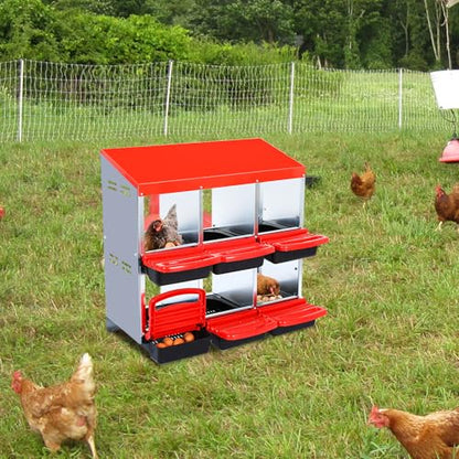 Chicken Nesting Boxes 6 Compartments Chicken Laying Boxes Roll Away Egg Collection Metal Poultry Nest Box with Perch and Lid Cover Free Standing Egg Laying Boxes for Hens Chicken - color: Red, size: 6 holes