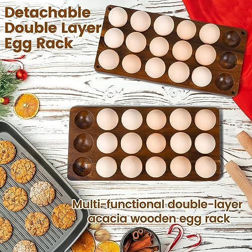 Wooden Double Layer Egg Holder - Farmhouse Kitchen Acacia Egg Tray Organizer - 2 Tier Fresh Egg Storage Rack Basket for Countertop, 36 Capacity - style: 2 tier acacia wood egg tray