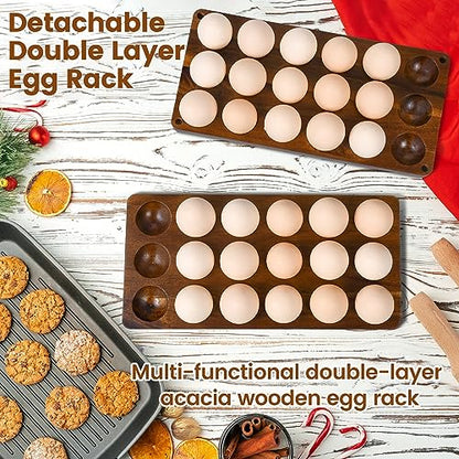Wooden Double Layer Egg Holder - Farmhouse Kitchen Acacia Egg Tray Organizer - 2 Tier Fresh Egg Storage Rack Basket for Countertop, 36 Capacity - style: 2 tier acacia wood egg tray