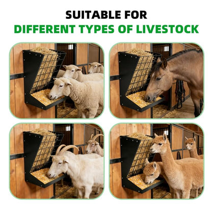 RYFT Wall Mount Hay Feeder, 2 in 1 Heavy-Duty Galvanized Hay & Grain Livestock Feeder, Hay Rack for Goats, Sheep, Horse, Cattle