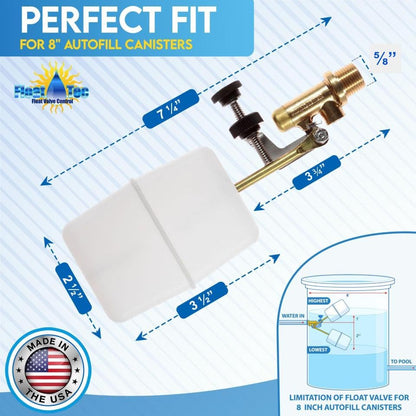 Float Tec EZ Adjust Brass Replacement Float Valve 3/8" NPT Male Threads with 3" arm for Autofill, Pools, Spas, Water fountains, Livestock Water Trough, Water Tanks Fits 8" Canister