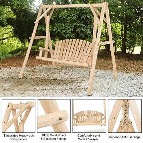 Tangkula A-Frame Wood Log Swing Bench, Outdoor Rustic Curved Back Swing Chair for Patio Garden Yard