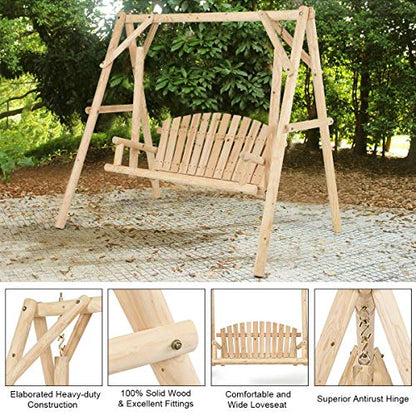 Tangkula A-Frame Wood Log Swing Bench, Outdoor Rustic Curved Back Swing Chair for Patio Garden Yard