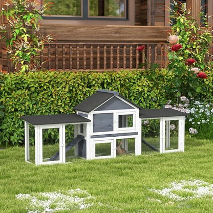 PawHut 83" L Outdoor Rabbit Hutch, Guinea Pig Cage Indoor Outdoor Wooden Bunny Hutch with Double Runs, Weatherproof Roof, Removable Tray, Ramps, Dark Gray - color: Dark Gray