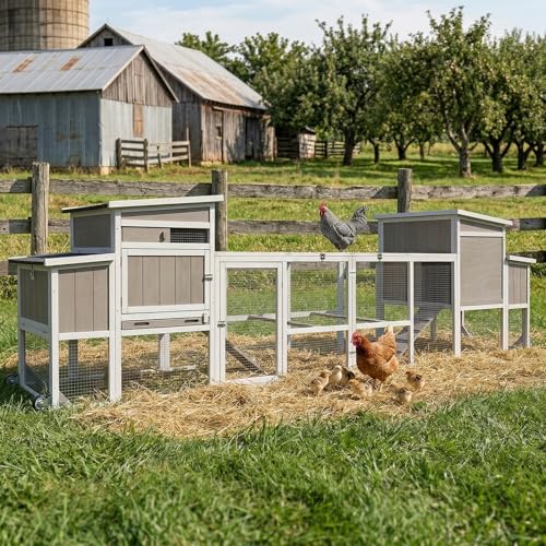 Chicken Coop with Wheels and Handle, 158" Mobile Chicken House for 4-8 Chickens with Run Outdoor, 2-Story Wooden Poultry Cage with Nesting Box, Removable Tray, Waterproof Roof for Hen, Rabbits, Ducks - size: 158.0"L x 23.6"W x 39.0"H
