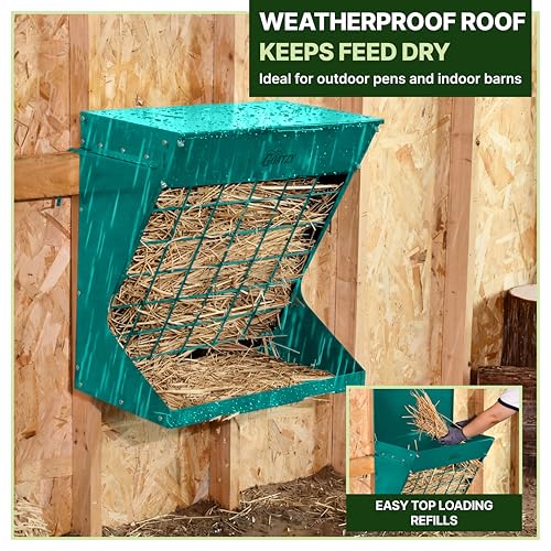 Wall Mount Hay Rack And Hay Feeder For Goats Sheep And Horses, Covered Galvanized Steel Goat Hay Feeder With Hinged Roof, 25 Gallon 2-In-1 No Waste Hanging Holder Grain Bin with hook For Cattle - color: Green