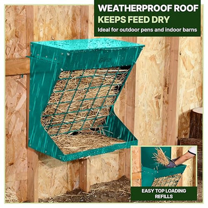 Wall Mount Hay Rack And Hay Feeder For Goats Sheep And Horses, Covered Galvanized Steel Goat Hay Feeder With Hinged Roof, 25 Gallon 2-In-1 No Waste Hanging Holder Grain Bin with hook For Cattle - color: Green
