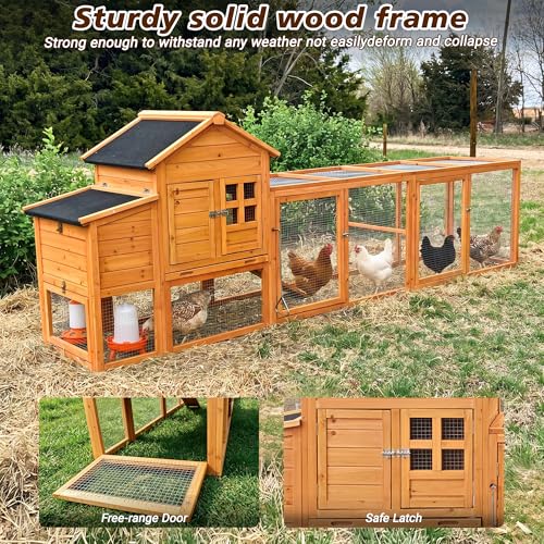 Large Chicken Coop for 4-6 Chickens with Attached Run, Predator Proof Hen House with Waterproof Asphalt Roof & Removable Cleaning Tray
