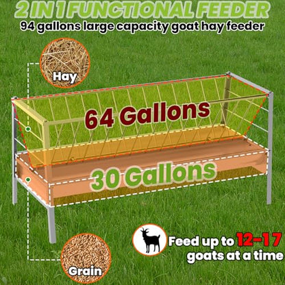 94 Gallon Goat Hay Feeder, 2-in-1 Hay & Grain Livestock Shelter Goat Feeders with Detachable Grain Tray Heavy Duty Galvanized Steel Goats Feeder, Hay Feeder for Goats Sheep Lamb Horses