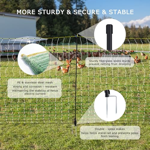 Electric Fence Netting, 47.2" H x 164'L Electric Chicken Fence, Portable Chicken Fence with Double Spiked Fiberglass Posts for Chickens, Ducks,Turkeys, Sheep, Geese in Yard, Farms,Backyards, Garden
