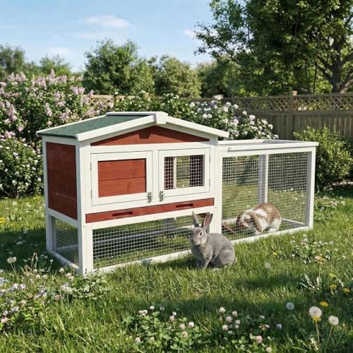 2-Story Wooden Rabbit Hutch & Chicken Coop, Indoor/Outdoor Bunny Cage with Waterproof Roof, Removable Cleaning Tray & Access Ramp for Chicken, Rabbit - color: Rufous White, size: 60 inch