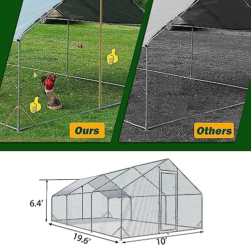Large Metal Chicken Coop Walk-in Poultry Cage Heavy Duty Chicken Runs Hen House for Yard with Waterproof and Anti-UV Cover for Outdoor Farm Use(10’ W x 19.5’ L x 6.5’ H) - size: 19.5' L x 9.8' W x 6.4' H