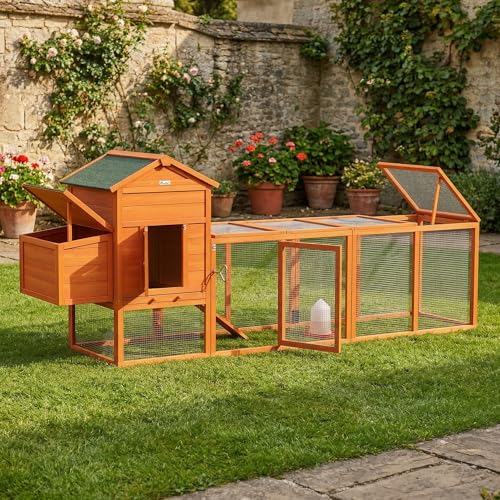 PawHut 118" Extra Large Chicken Coop with Asphalt Roof, Wooden Hen Run with Slide-Out Tray and Nesting Box, Chicken Hutch for 3-6 Chickens, Orange - color: Orange