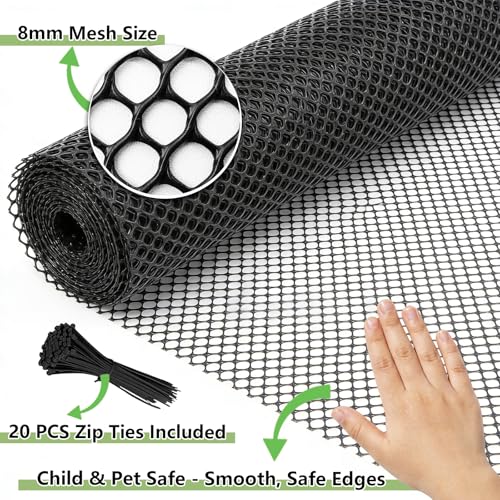 15.7" x 10' Plastic Mesh Fence Roll - Heavy Duty Chicken Wire Mesh Fence - Upgraded Thick Animal Barrier for Garden, Balcony Railing Safety Net, Poultry Netting with 20 Zip Ties, Black - size: 15.7" x 10'