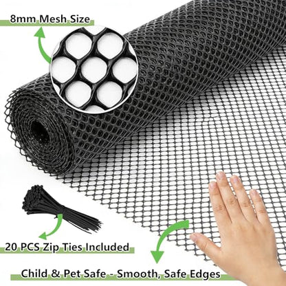 15.7" x 10' Plastic Mesh Fence Roll - Heavy Duty Chicken Wire Mesh Fence - Upgraded Thick Animal Barrier for Garden, Balcony Railing Safety Net, Poultry Netting with 20 Zip Ties, Black - size: 15.7" x 10'