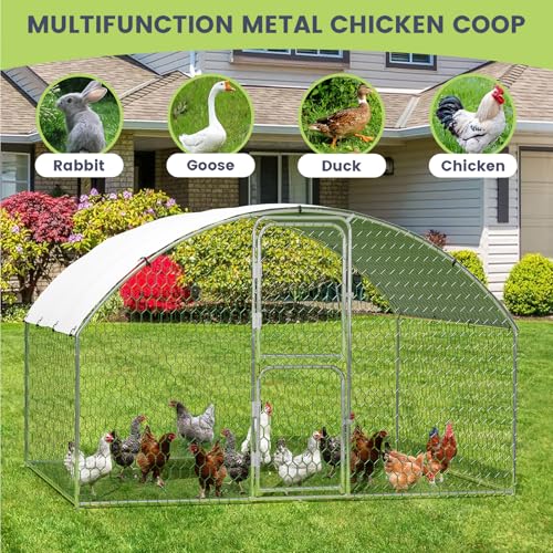 Large Metal Chicken Coop, Walk-in Poultry Cage, Large Chicken Run with Waterproof & Anti-Ultraviolet Cover, Chicken House with Double Lockable Doors for Outdoor 9.8x6.5x6.6Ft - size: 9.8' W x 6.5' D x 6.5' H