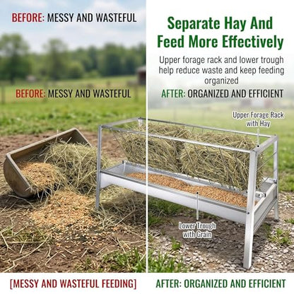 Outdoor Galvanized Goat Feeder, 2-in-1 hay Feeder and Enclosed Feed Trough Combo, Weather-Resistant Steel Rack for Goats and Sheep, Holds 55 Gal Hay for Small Farms - color: white