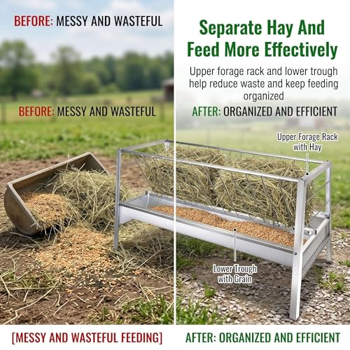 Thick Galvanized Sheep Feeder and Goat hay Feeder, 2-in-1 Pasture Feeding Station with 55 Gal Rack and 22 Gal Feed Trough, Durable Outdoor Rack for Calves and Small Herds - color: white