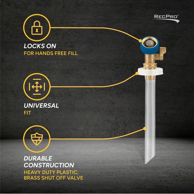 RecPro RV Hands Free Water Tank Fill | Clear Fill Tube with Brass Shut-Off Valve | Secure Fresh Water Tank Filler for RV Camper Trailer