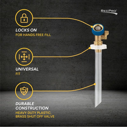 RecPro RV Hands Free Water Tank Fill | Clear Fill Tube with Brass Shut-Off Valve | Secure Fresh Water Tank Filler for RV Camper Trailer