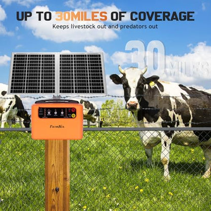 30 Miles Solar Electric Fence Charger for Livestock,6-12KV Adjustable Output Solar Charger,1.5J Fence Charger,15W Solar Powered Electric Fence Kit for Garden,24H Uninterrupted Protection - color: Orange