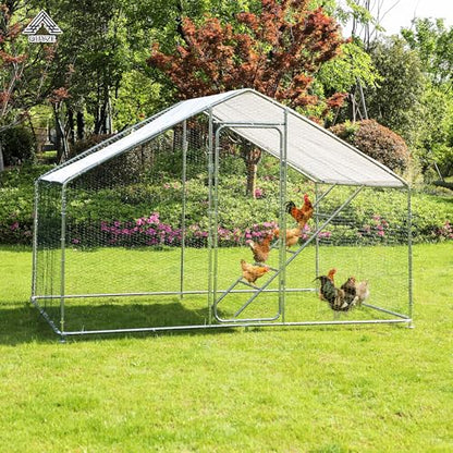 Metal Chicken Coop, 9.8 x 6.6 x6.6 Walk-in Chicken Run for 10 Chicken with Upgrade Roosting Perch, Water-Resident and Anti-UV Cover, Sturdy Spire Roof Chicken House for Outdoor Farm Use - color: Spire Roof