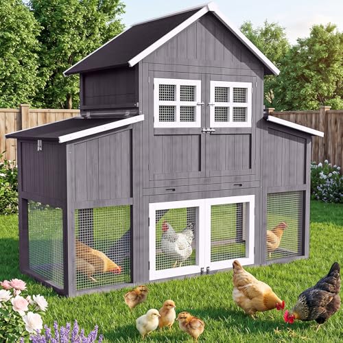 Large Chicken Coop for 6-10 Chickens, Outdoor Predator Proof Wooden Hen House Design with 2 Nesting Boxes and Weatherproof Roof, Easy to Clean Poultry Cage for Outsides