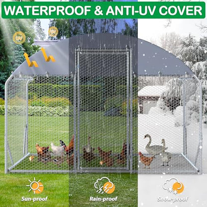 Large Metal Chicken Coop, Walk-in Chicken Run Pen with Waterproof Cover, Dome Roof Poultry Cage for Outdoor, Backyard, Farm - size: 107.5"L x 78.0"W x 78.0"H