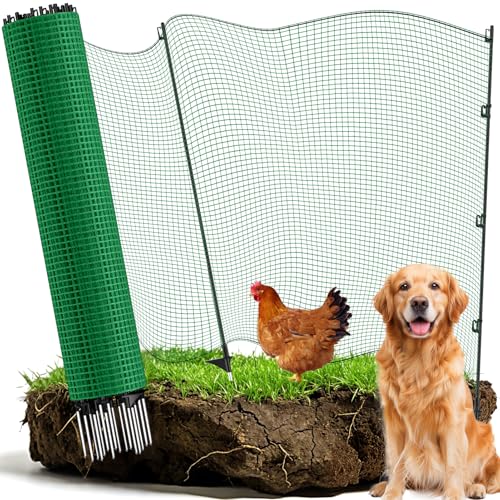 Temporary Fence with Posts, 4‘x100‘ Animal Barrier Dog Portable Fencing with Fiberglass Stake Windbreak Rope, Safety Snow Plastic Netting Roll for Garden Backyard Outdoor for Chickens or Other Animals - size: 4x100FT