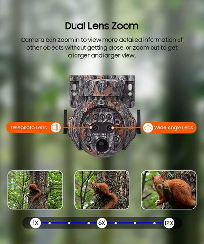 6MP Camouflage Hunting Solar Security Camera with 12x Zoom Dual Lens, Two-Way Audio, PIR Motion Activation, Suitable for Hunting Reconnaissance, Ranch Monitoring Security Monitoring